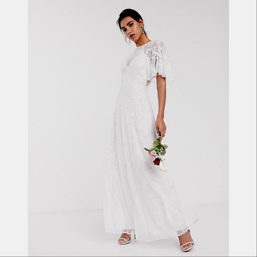 ASOS embroidered and beaded flutter sleeve open back wedding dress NWT